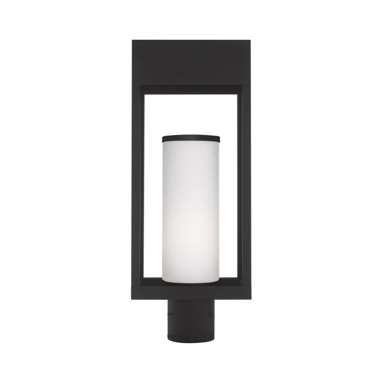 Bleecker Medium Base Light Bulb Socket Outdoor Medium Post Top Lantern 7.875" x 5.125" x 20" Solid Brass and Hand Blown Satin Opal White Cylinder Glass, Black Finish 120V for Garden, Exterior Post - 20985-04