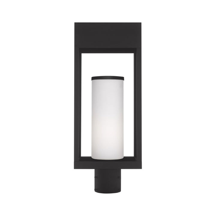 Bleecker Medium Base Light Bulb Socket Outdoor Medium Post Top Lantern 7.875" x 5.125" x 20" Solid Brass and Hand Blown Satin Opal White Cylinder Glass, Black Finish 120V for Garden, Exterior Post - 20985-04