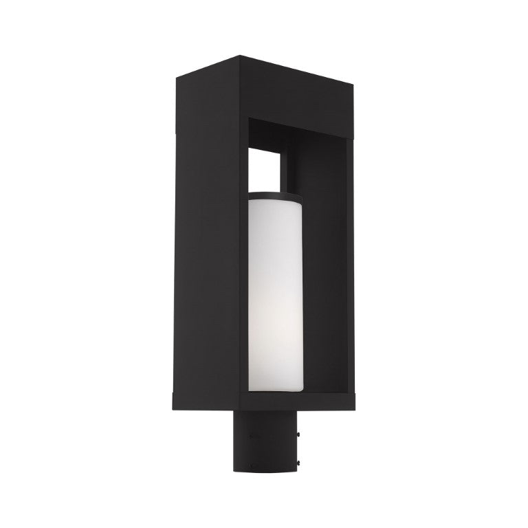 Bleecker Medium Base Light Bulb Socket Outdoor Medium Post Top Lantern 7.875" x 5.125" x 20" Solid Brass and Hand Blown Satin Opal White Cylinder Glass, Black Finish 120V for Garden, Exterior Post - 20985-04
