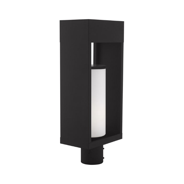 Bleecker Medium Base Light Bulb Socket Outdoor Medium Post Top Lantern 7.875" x 5.125" x 20" Solid Brass and Hand Blown Satin Opal White Cylinder Glass, Black Finish 120V for Garden, Exterior Post - 20985-04