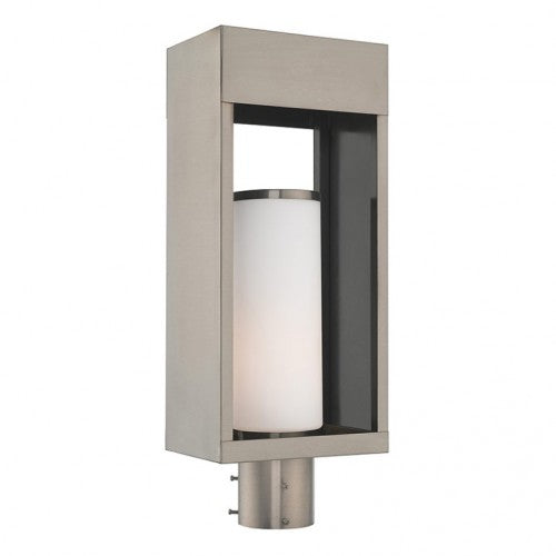 Bleecker Medium Base Light Bulb Socket Outdoor Large Post Top Lantern 7.875" x 5.125" x 20" Solid Brass and Hand Blown Satin Opal White Cylinder Glass, Brushed Nickel Finish 120V for Garden, Exterior Post - 20985-91