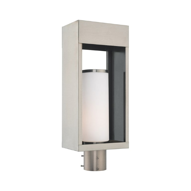 Bleecker Medium Base Light Bulb Socket Outdoor Large Post Top Lantern 7.875" x 5.125" x 20" Solid Brass and Hand Blown Satin Opal White Cylinder Glass, Brushed Nickel Finish 120V for Garden, Exterior Post - 20985-91