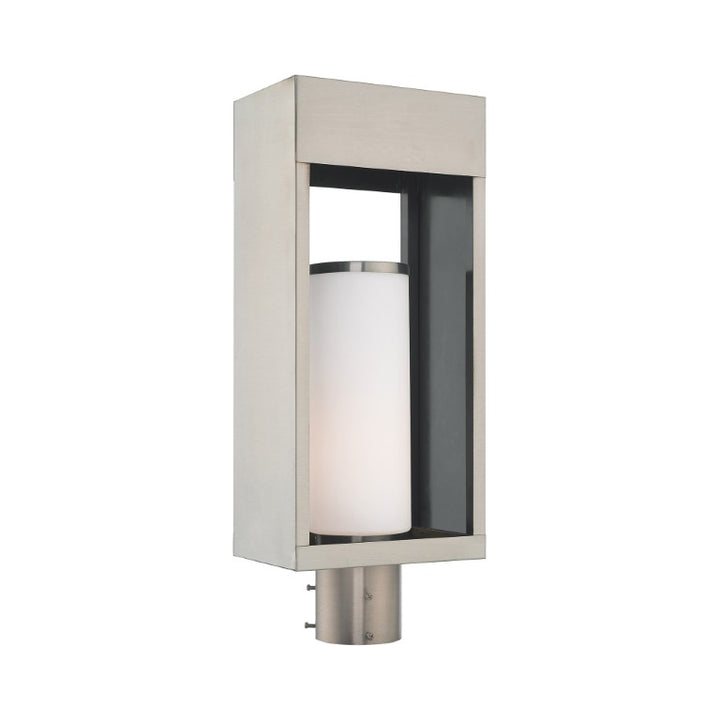 Bleecker Medium Base Light Bulb Socket Outdoor Large Post Top Lantern 7.875" x 5.125" x 20" Solid Brass and Hand Blown Satin Opal White Cylinder Glass, Brushed Nickel Finish 120V for Garden, Exterior Post - 20985-91
