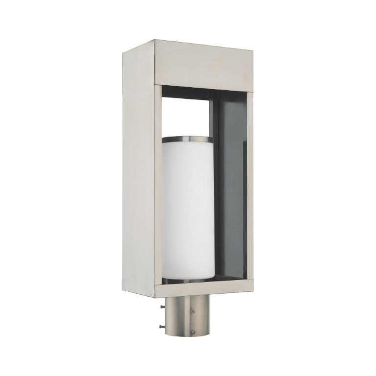 Bleecker Medium Base Light Bulb Socket Outdoor Large Post Top Lantern 7.875" x 5.125" x 20" Solid Brass and Hand Blown Satin Opal White Cylinder Glass, Brushed Nickel Finish 120V for Garden, Exterior Post - 20985-91