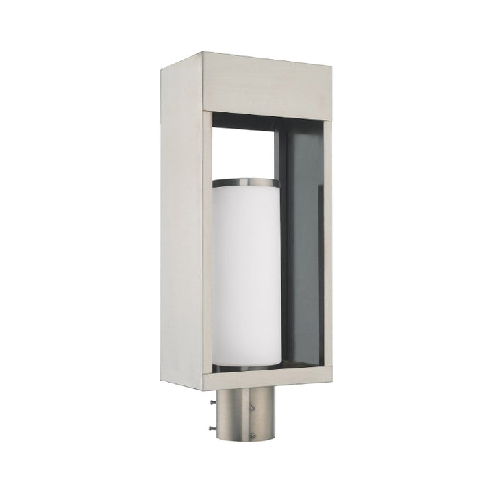 Bleecker Medium Base Light Bulb Socket Outdoor Large Post Top Lantern 7.875" x 5.125" x 20" Solid Brass and Hand Blown Satin Opal White Cylinder Glass, Brushed Nickel Finish 120V for Garden, Exterior Post - 20985-91