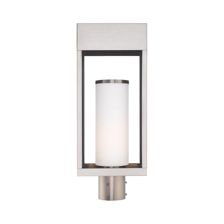 Bleecker Medium Base Light Bulb Socket Outdoor Large Post Top Lantern 7.875" x 5.125" x 20" Solid Brass and Hand Blown Satin Opal White Cylinder Glass, Brushed Nickel Finish 120V for Garden, Exterior Post - 20985-91