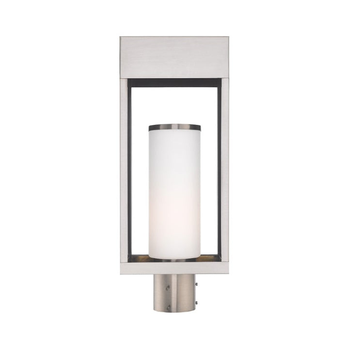Bleecker Medium Base Light Bulb Socket Outdoor Large Post Top Lantern 7.875" x 5.125" x 20" Solid Brass and Hand Blown Satin Opal White Cylinder Glass, Brushed Nickel Finish 120V for Garden, Exterior Post - 20985-91