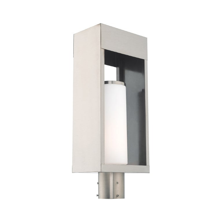 Bleecker Medium Base Light Bulb Socket Outdoor Large Post Top Lantern 7.875" x 5.125" x 20" Solid Brass and Hand Blown Satin Opal White Cylinder Glass, Brushed Nickel Finish 120V for Garden, Exterior Post - 20985-91