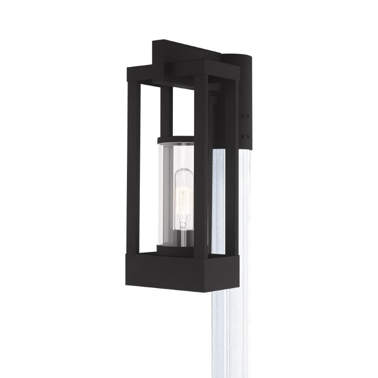 Delancey Medium Base Light Bulb Socket Medium Outdoor Post Top Lantern 9.125" x 6.25" x 15.125" Solid Brass and Cylinder Clear Glass, Black Finish 120V for Garden, Exterior Post - 20994-04