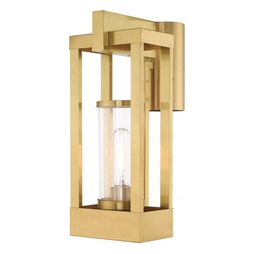 Delancey Medium Base Light Bulb Socket Medium Outdoor Post Top Lantern 9.125" x 6.25" x 15.125" Solid Brass and Cylinder Clear Glass, Satin Brass Finish 120V for Garden, Exterior Post - 20994-12