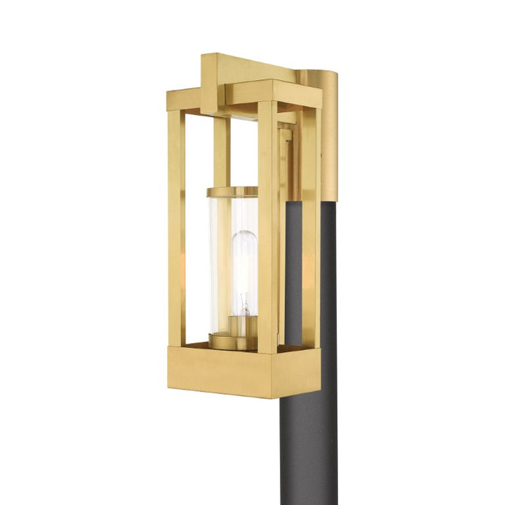 Delancey Medium Base Light Bulb Socket Medium Outdoor Post Top Lantern 9.125" x 6.25" x 15.125" Solid Brass and Cylinder Clear Glass, Satin Brass Finish 120V for Garden, Exterior Post - 20994-12