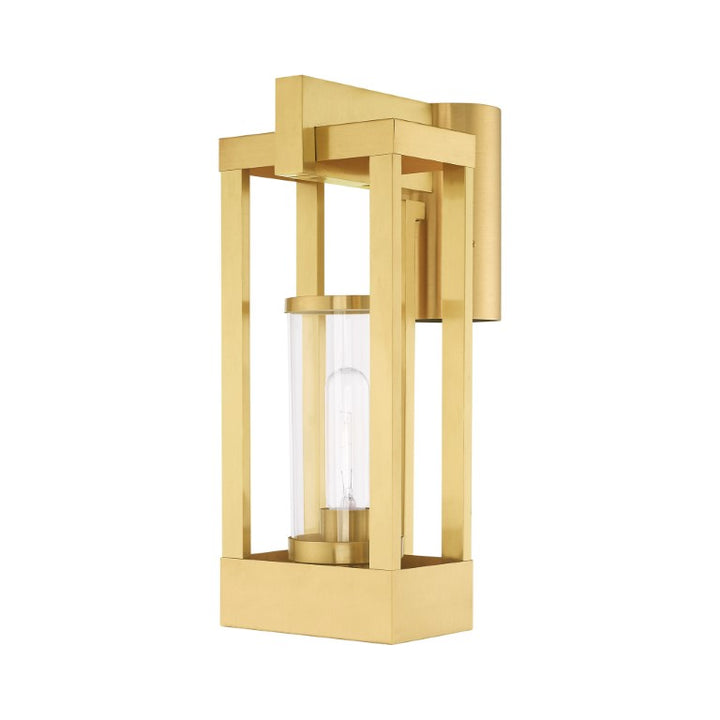 Delancey Medium Base Light Bulb Socket Medium Outdoor Post Top Lantern 9.125" x 6.25" x 15.125" Solid Brass and Cylinder Clear Glass, Satin Brass Finish 120V for Garden, Exterior Post - 20994-12