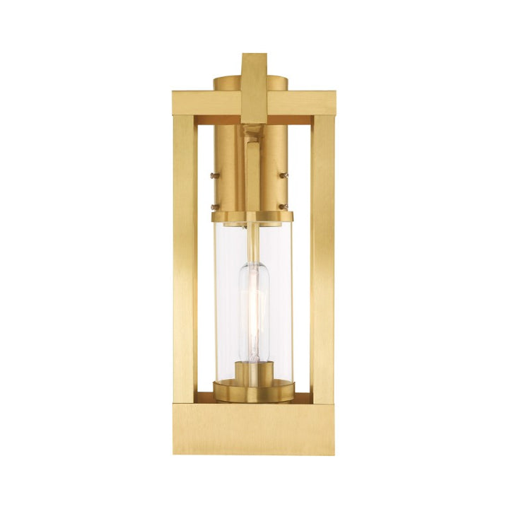Delancey Medium Base Light Bulb Socket Medium Outdoor Post Top Lantern 9.125" x 6.25" x 15.125" Solid Brass and Cylinder Clear Glass, Satin Brass Finish 120V for Garden, Exterior Post - 20994-12