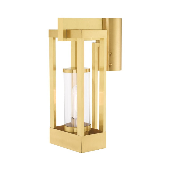 Delancey Medium Base Light Bulb Socket Medium Outdoor Post Top Lantern 9.125" x 6.25" x 15.125" Solid Brass and Cylinder Clear Glass, Satin Brass Finish 120V for Garden, Exterior Post - 20994-12