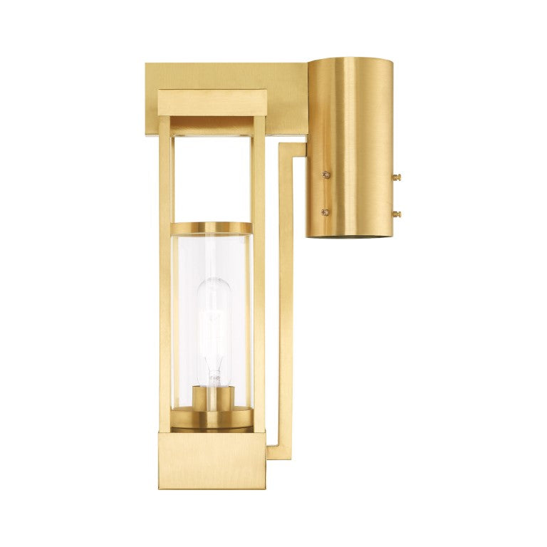 Delancey Medium Base Light Bulb Socket Medium Outdoor Post Top Lantern 9.125" x 6.25" x 15.125" Solid Brass and Cylinder Clear Glass, Satin Brass Finish 120V for Garden, Exterior Post - 20994-12