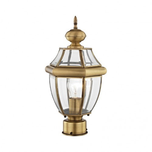 Monterey Medium Base Light Bulb Socket Small Outdoor Post Top Lantern 16.5" x 8.5" Hand Crafted Solid Brass and Clear Beveled Glass, Antique Brass Finish 120V for Garden, Exterior Post - 2153-01