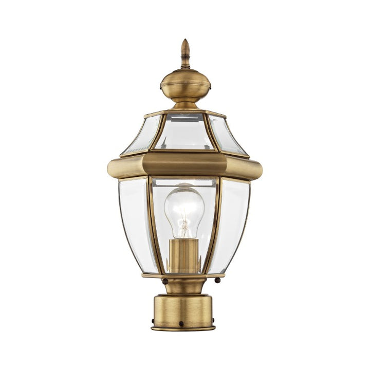 Monterey Medium Base Light Bulb Socket Small Outdoor Post Top Lantern 16.5" x 8.5" Hand Crafted Solid Brass and Clear Beveled Glass, Antique Brass Finish 120V for Garden, Exterior Post - 2153-01