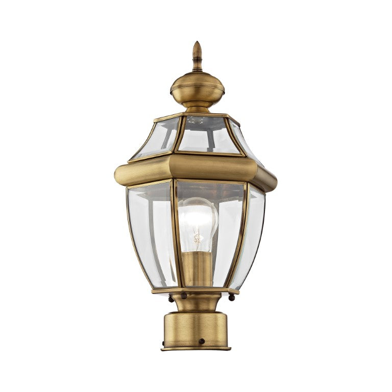 Monterey Medium Base Light Bulb Socket Small Outdoor Post Top Lantern 16.5" x 8.5" Hand Crafted Solid Brass and Clear Beveled Glass, Antique Brass Finish 120V for Garden, Exterior Post - 2153-01