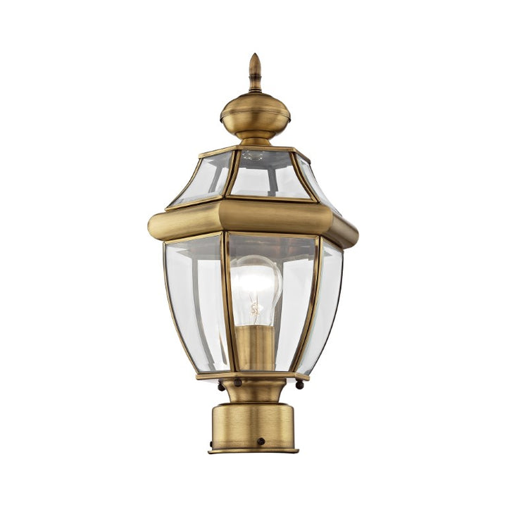 Monterey Medium Base Light Bulb Socket Small Outdoor Post Top Lantern 16.5" x 8.5" Hand Crafted Solid Brass and Clear Beveled Glass, Antique Brass Finish 120V for Garden, Exterior Post - 2153-01
