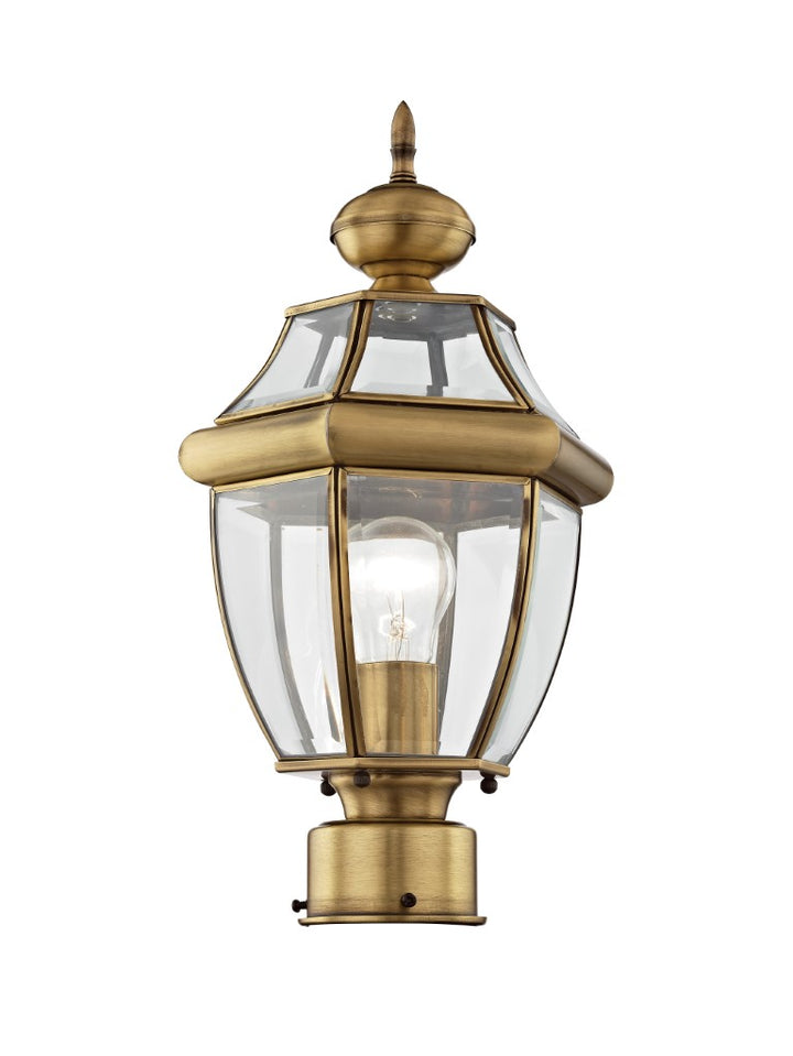 Monterey Medium Base Light Bulb Socket Small Outdoor Post Top Lantern 16.5" x 8.5" Hand Crafted Solid Brass and Clear Beveled Glass, Antique Brass Finish 120V for Garden, Exterior Post - 2153-01