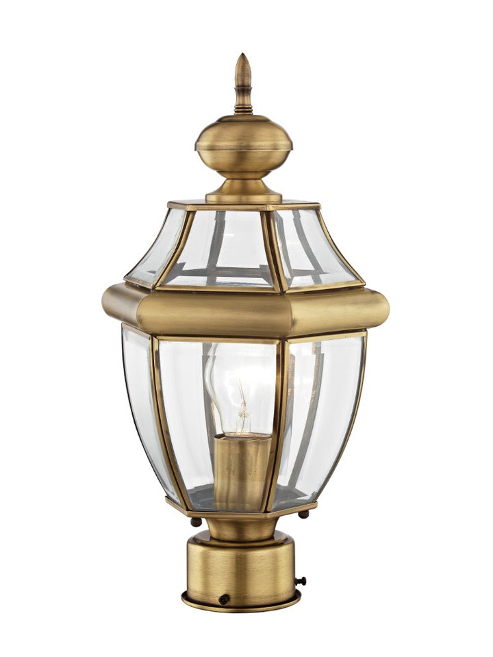 Monterey Medium Base Light Bulb Socket Small Outdoor Post Top Lantern 16.5" x 8.5" Hand Crafted Solid Brass and Clear Beveled Glass, Antique Brass Finish 120V for Garden, Exterior Post - 2153-01