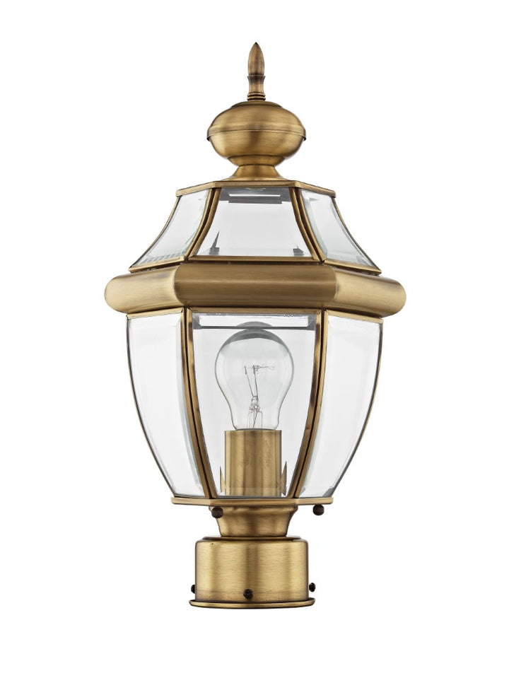 Monterey Medium Base Light Bulb Socket Small Outdoor Post Top Lantern 16.5" x 8.5" Hand Crafted Solid Brass and Clear Beveled Glass, Antique Brass Finish 120V for Garden, Exterior Post - 2153-01
