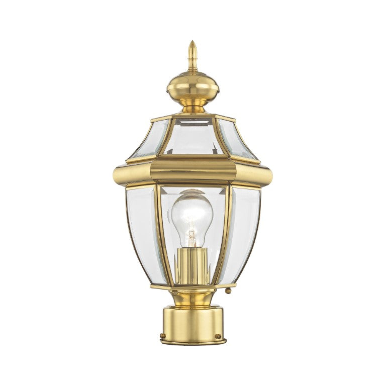Monterey Medium Base Light Bulb Socket Small Outdoor Post Top Lantern 16.5" x 8.5" Hand Crafted Solid Brass and Clear Beveled Glass, Polished Brass Finish 120V for Garden, Exterior Post - 2153-02