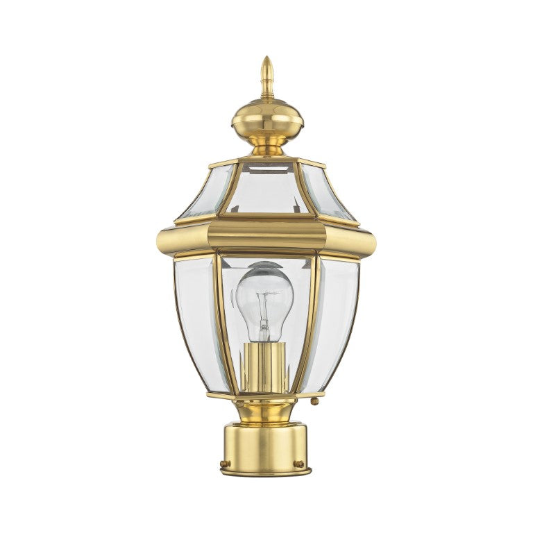 Monterey Medium Base Light Bulb Socket Small Outdoor Post Top Lantern 16.5" x 8.5" Hand Crafted Solid Brass and Clear Beveled Glass, Polished Brass Finish 120V for Garden, Exterior Post - 2153-02