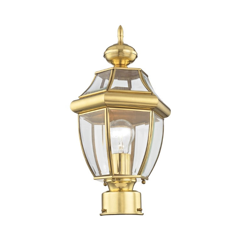 Monterey Medium Base Light Bulb Socket Small Outdoor Post Top Lantern 16.5" x 8.5" Hand Crafted Solid Brass and Clear Beveled Glass, Polished Brass Finish 120V for Garden, Exterior Post - 2153-02