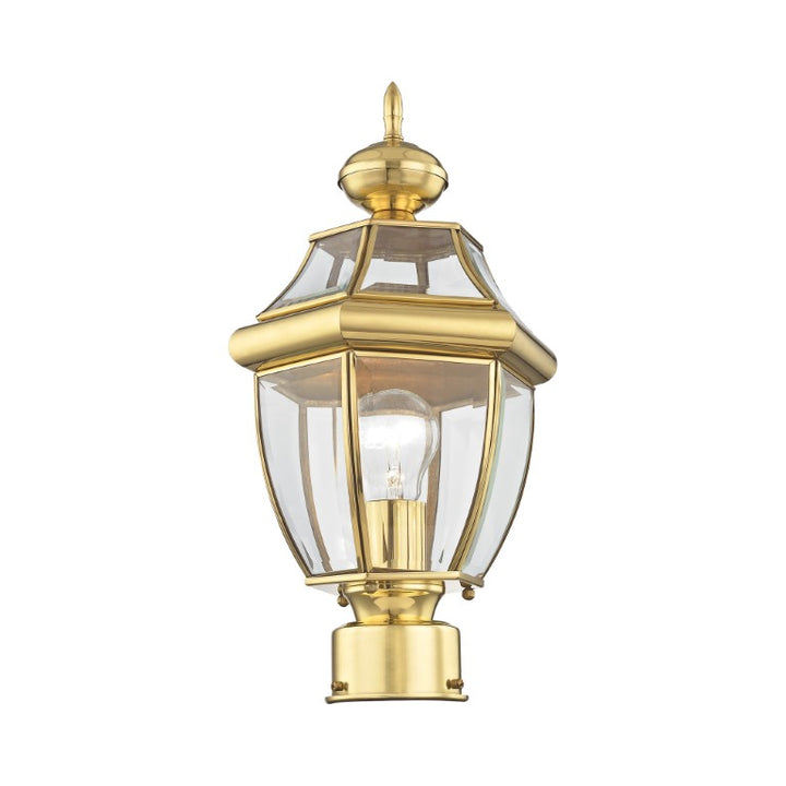 Monterey Medium Base Light Bulb Socket Small Outdoor Post Top Lantern 16.5" x 8.5" Hand Crafted Solid Brass and Clear Beveled Glass, Polished Brass Finish 120V for Garden, Exterior Post - 2153-02