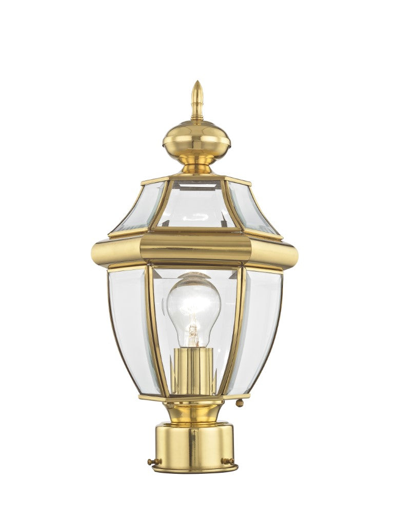 Monterey Medium Base Light Bulb Socket Small Outdoor Post Top Lantern 16.5" x 8.5" Hand Crafted Solid Brass and Clear Beveled Glass, Polished Brass Finish 120V for Garden, Exterior Post - 2153-02