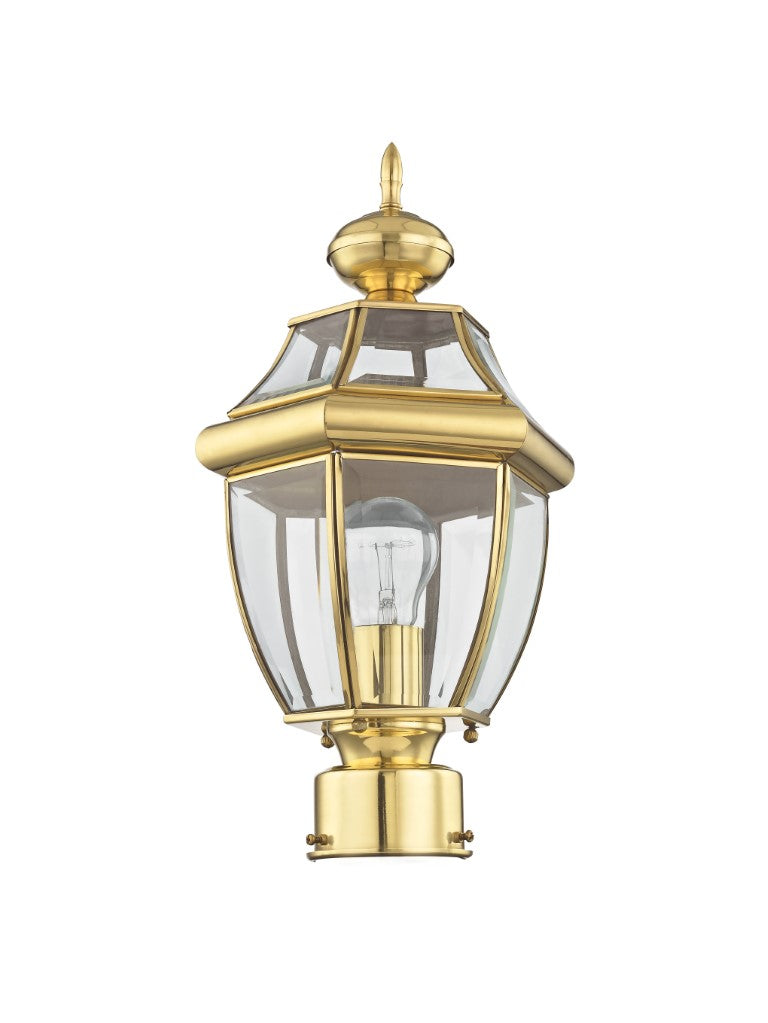 Monterey Medium Base Light Bulb Socket Small Outdoor Post Top Lantern 16.5" x 8.5" Hand Crafted Solid Brass and Clear Beveled Glass, Polished Brass Finish 120V for Garden, Exterior Post - 2153-02