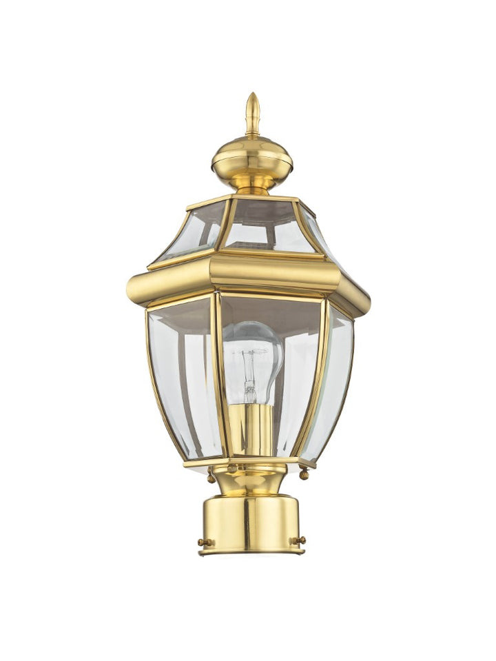 Monterey Medium Base Light Bulb Socket Small Outdoor Post Top Lantern 16.5" x 8.5" Hand Crafted Solid Brass and Clear Beveled Glass, Polished Brass Finish 120V for Garden, Exterior Post - 2153-02