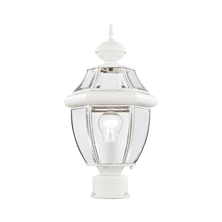 Monterey Medium Base Light Bulb Socket Small Outdoor Post Top Lantern 16.5" x 8.5" Hand Crafted Solid Brass and Clear Beveled Glass, White Finish 120V for Garden, Exterior Post 2153-03