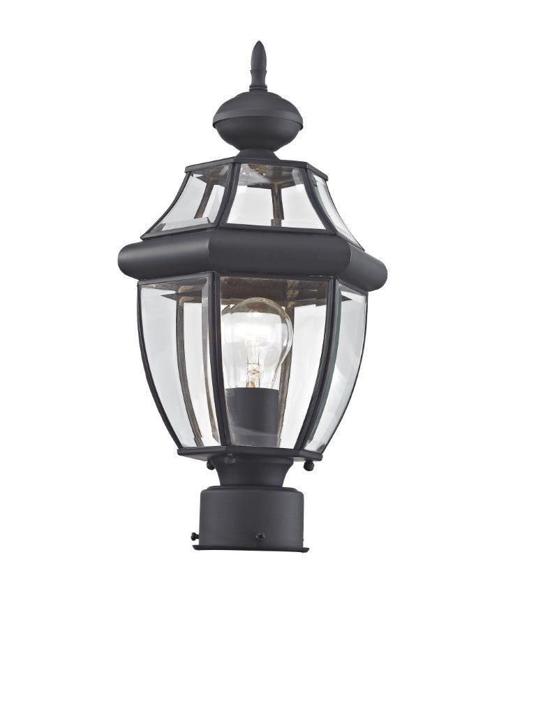 Monterey Medium Base Light Bulb Socket Small Outdoor Post Top Lantern 16.5" x 8.5" Hand Crafted Solid Brass and Clear Beveled Glass, Black Finish 120V for Garden, Exterior Post - 2153-04