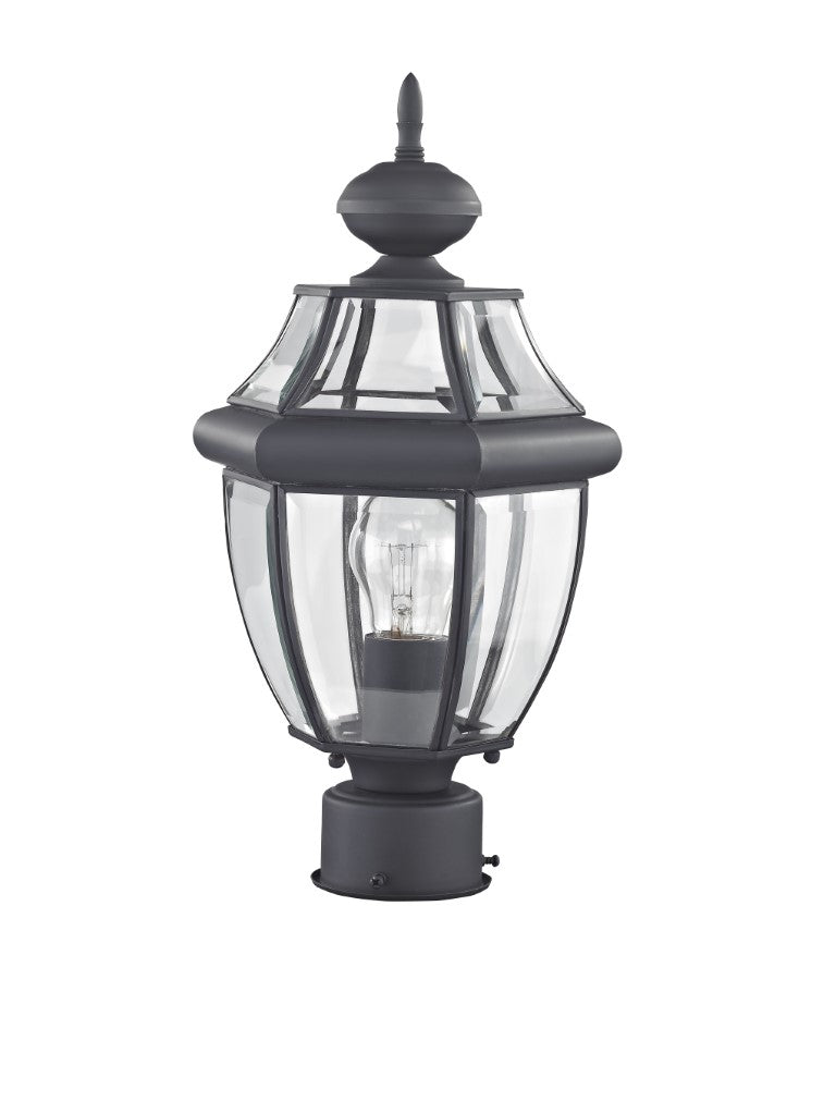 Monterey Medium Base Light Bulb Socket Small Outdoor Post Top Lantern 16.5" x 8.5" Hand Crafted Solid Brass and Clear Beveled Glass, Black Finish 120V for Garden, Exterior Post - 2153-04
