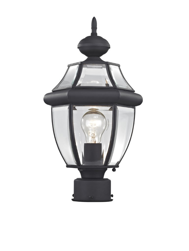 Monterey Medium Base Light Bulb Socket Small Outdoor Post Top Lantern 16.5" x 8.5" Hand Crafted Solid Brass and Clear Beveled Glass, Black Finish 120V for Garden, Exterior Post - 2153-04