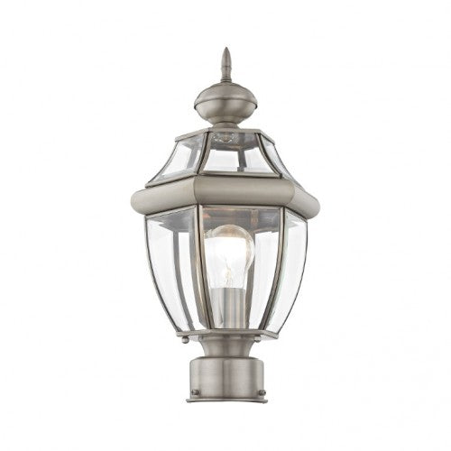 Monterey Medium Base Light Bulb Socket Small Outdoor Post Top Lantern 16.5" x 8.5" Hand Crafted Solid Brass and Clear Beveled Glass, Brushed Nickel Finish 120V for Garden, Exterior Post - 2153-91
