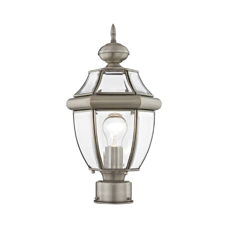 Monterey Medium Base Light Bulb Socket Small Outdoor Post Top Lantern 16.5" x 8.5" Hand Crafted Solid Brass and Clear Beveled Glass, Brushed Nickel Finish 120V for Garden, Exterior Post - 2153-91