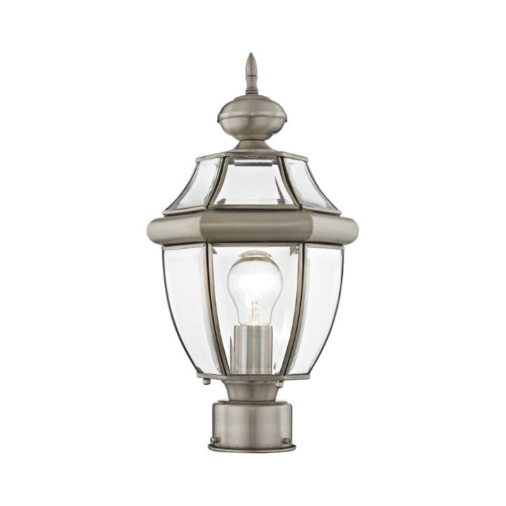 Monterey Medium Base Light Bulb Socket Small Outdoor Post Top Lantern 16.5" x 8.5" Hand Crafted Solid Brass and Clear Beveled Glass, Brushed Nickel Finish 120V for Garden, Exterior Post - 2153-91