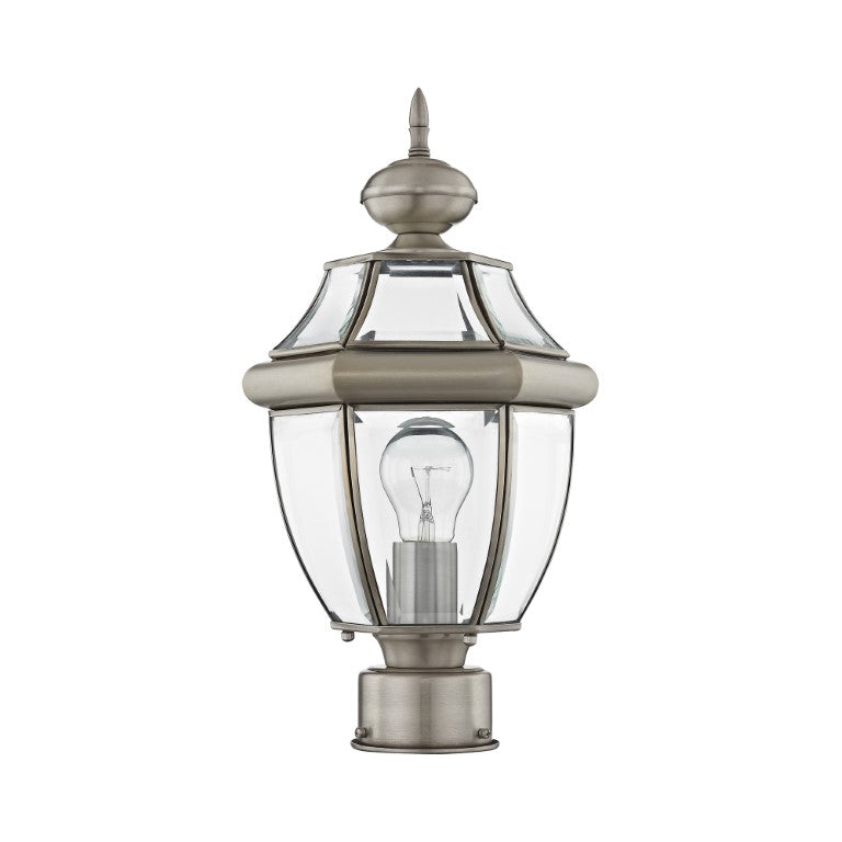 Monterey Medium Base Light Bulb Socket Small Outdoor Post Top Lantern 16.5" x 8.5" Hand Crafted Solid Brass and Clear Beveled Glass, Brushed Nickel Finish 120V for Garden, Exterior Post - 2153-91