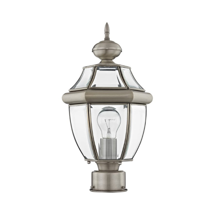 Monterey Medium Base Light Bulb Socket Small Outdoor Post Top Lantern 16.5" x 8.5" Hand Crafted Solid Brass and Clear Beveled Glass, Brushed Nickel Finish 120V for Garden, Exterior Post - 2153-91