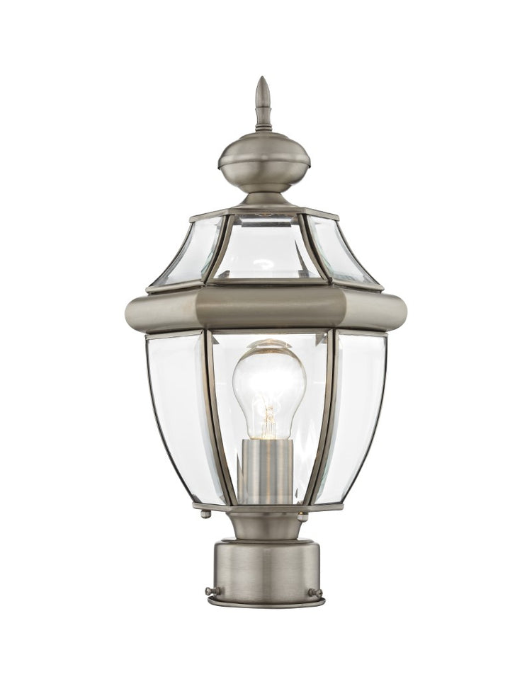 Monterey Medium Base Light Bulb Socket Small Outdoor Post Top Lantern 16.5" x 8.5" Hand Crafted Solid Brass and Clear Beveled Glass, Brushed Nickel Finish 120V for Garden, Exterior Post - 2153-91