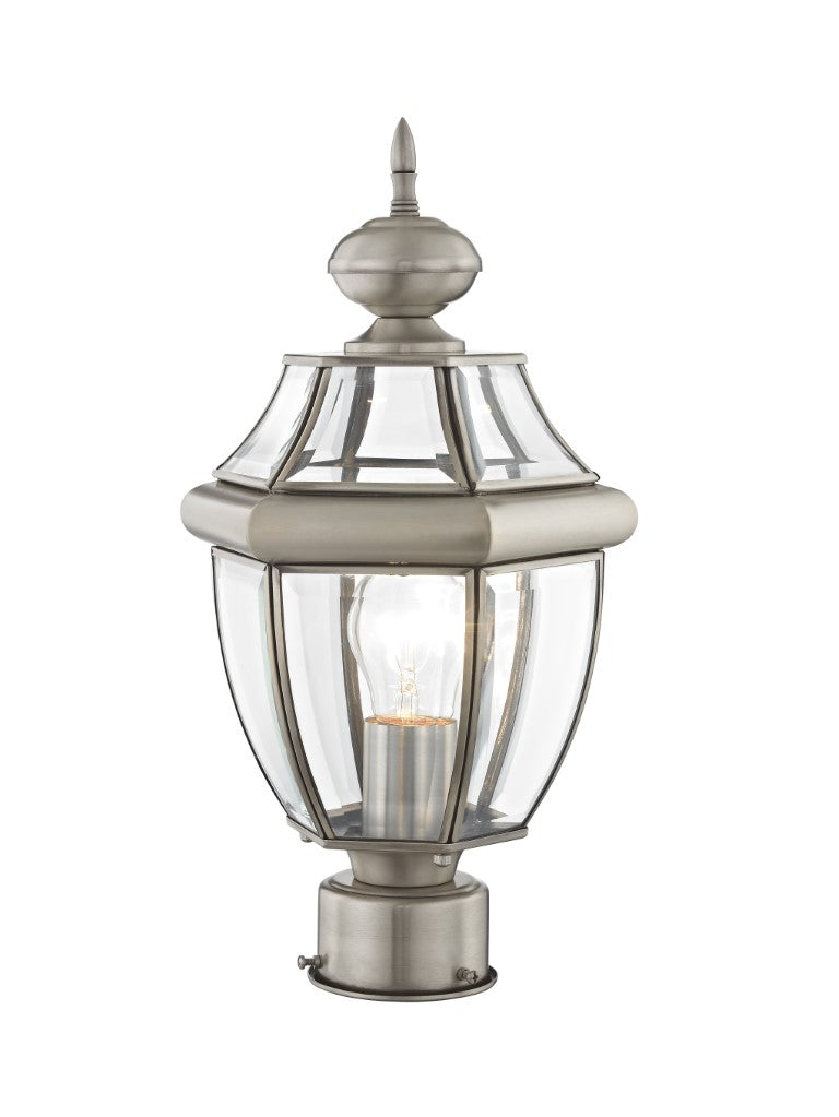 Monterey Medium Base Light Bulb Socket Small Outdoor Post Top Lantern 16.5" x 8.5" Hand Crafted Solid Brass and Clear Beveled Glass, Brushed Nickel Finish 120V for Garden, Exterior Post - 2153-91