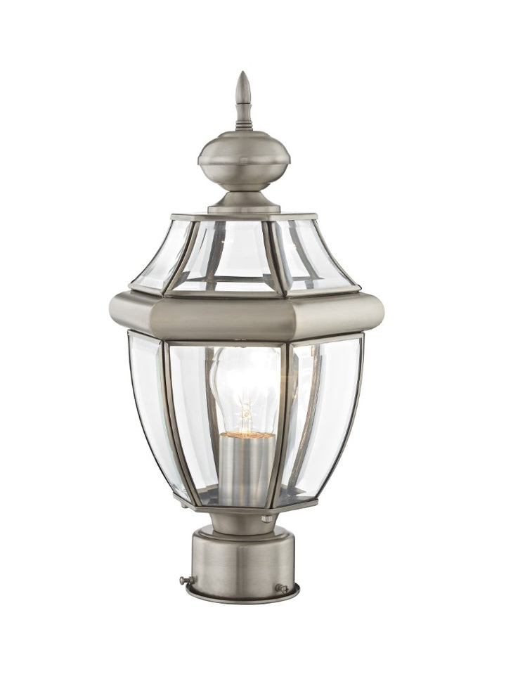 Monterey Medium Base Light Bulb Socket Small Outdoor Post Top Lantern 16.5" x 8.5" Hand Crafted Solid Brass and Clear Beveled Glass, Brushed Nickel Finish 120V for Garden, Exterior Post - 2153-91