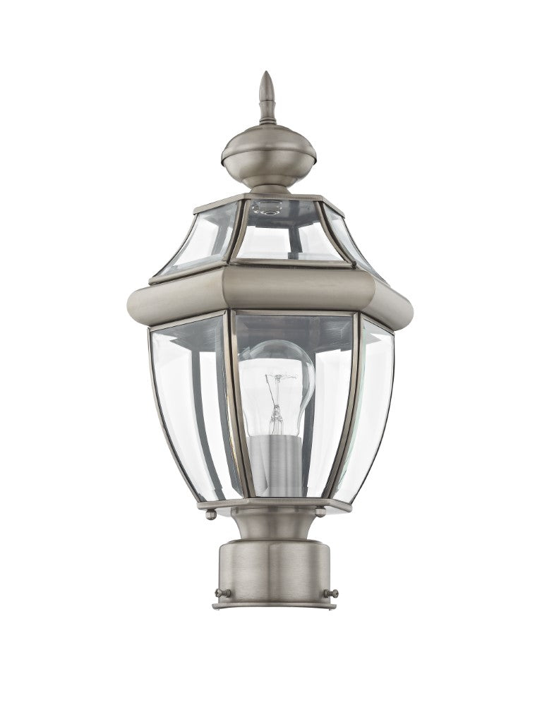 Monterey Medium Base Light Bulb Socket Small Outdoor Post Top Lantern 16.5" x 8.5" Hand Crafted Solid Brass and Clear Beveled Glass, Brushed Nickel Finish 120V for Garden, Exterior Post - 2153-91