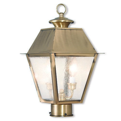 Mansfield Candelabra Base Light Bulb Socket Medium Outdoor Post Top Lantern 9" x 9" x 16.5"  Hand Crafted Solid Brass and Seeded Glass, Antique Brass Finish 120V for Garden, Exterior Post - 2166-01