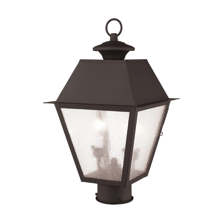 Mansfield Candelabra Base Light Bulb Socket Medium Outdoor Post Top Lantern 9" x 9" x 17"  Hand Crafted Solid Brass and Seeded Glass, Bronze Finish 120V for Garden, Exterior Post - 2166-07