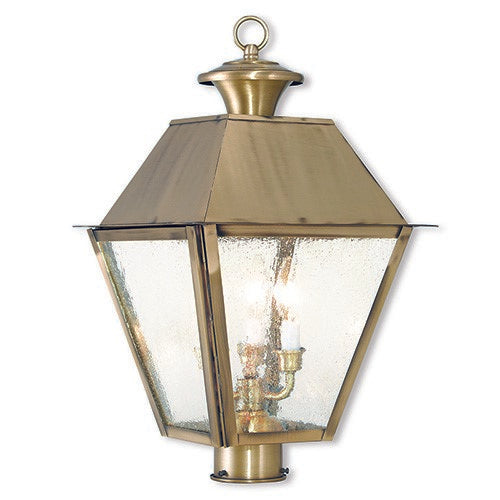Mansfield Candelabra Base Light Bulb Socket Large Outdoor Post Top Lantern 12" x 12" x 20"  Hand Crafted Solid Brass and Seeded Glass, Antique Brass Finish 120V for Garden, Exterior Post - 2169-01
