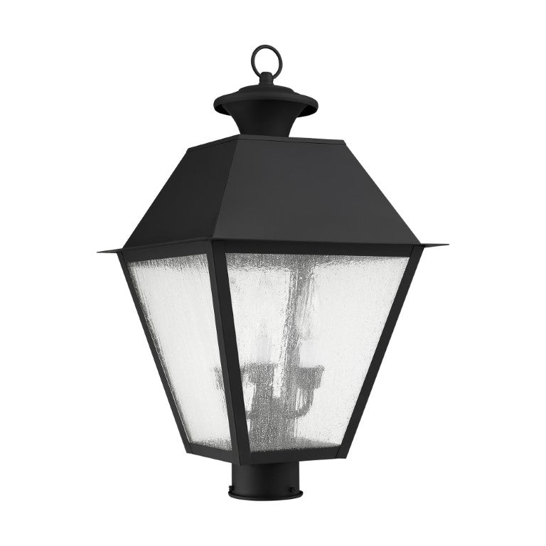 Mansfield Candelabra Base Light Bulb Socket Large Outdoor Post Top Lantern 12" x 12" x 20"  Hand Crafted Solid Brass and Seeded Glass, Black Finish 120V for Garden, Exterior Post - 2169-04